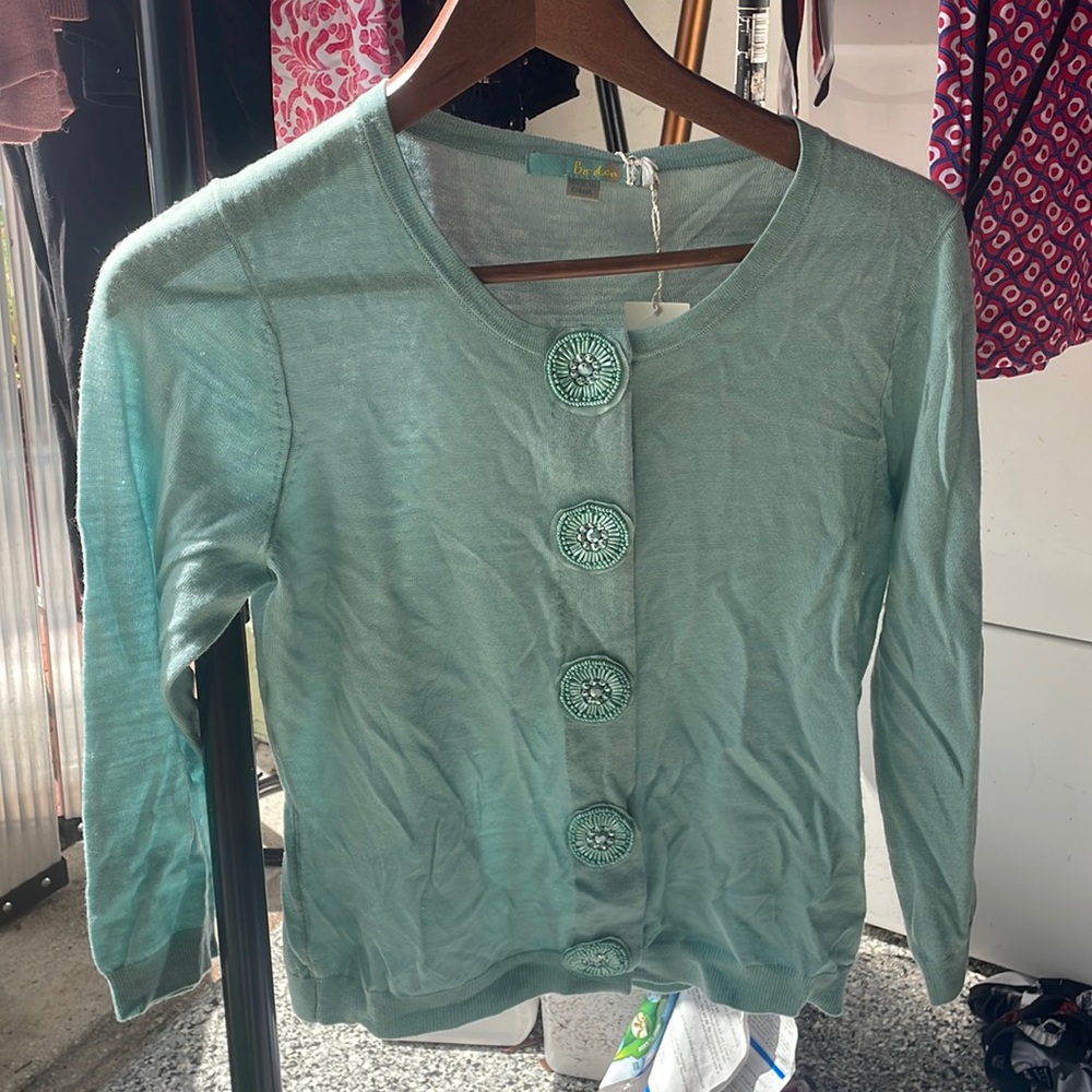 Boden mint green cardigan with bead embellishments and matching skirt